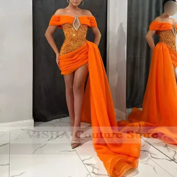 2023, Оранжевые Короткие Мини-платья для выпускного вечера с открытыми плечами, коктейльные платья с пайетками и длинным шлейфом, платья для особых случаев на заказ