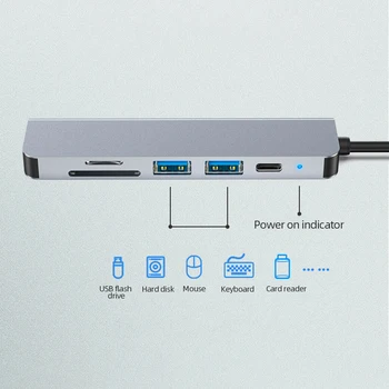 Интеллектуальная док-станция 6 в 1 Type-C 480 Мбит/с USB 2.0 5.0 Гбит /с USB 3.0 SD-карта TF-карта, совместимая с 4K HDMI, и аудиоинтерфейс