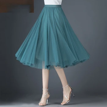 Корейская Весенне-летняя винтажная тюлевая юбка, Женские 3-слойные эластичные сетчатые юбки с высокой талией, женская плиссированная юбка-пачка Jupe Longue Миди