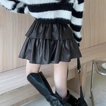 Стильная юбка-пачка с плиссированным подолом, бежевая/черная/Кофейная юбка из искусственной кожи, весна-осень, женская короткая юбка