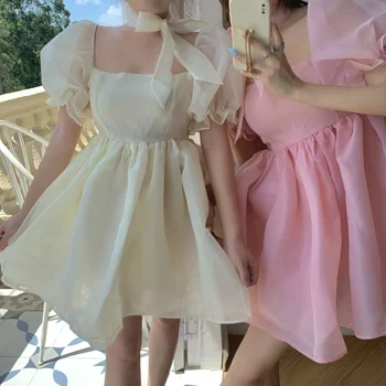 2021 Лето Сладкий Розовый Органзы Бальное Платье Слоеного Рукав Женщин Ретро Высокая Талия Фея, Короткие Платья Vestidos