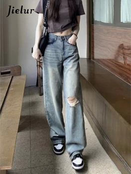 Jielur/ Новые Корейские винтажные потертые женские джинсы с высокой талией, свободные светлые джинсы, женские повседневные модные уличные синие брюки, женские