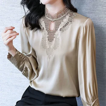 Элегантная офисная Женская блузка с вышивкой и длинным рукавом 2023, весенняя женская одежда, однотонная рубашка с открытым воротником-стойкой