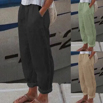 Повседневные хлопчатобумажные льняные Широкие брюки Женские Свободные Комфортные шаровары с эластичной талией Винтажные Однотонные летние брюки полной длины