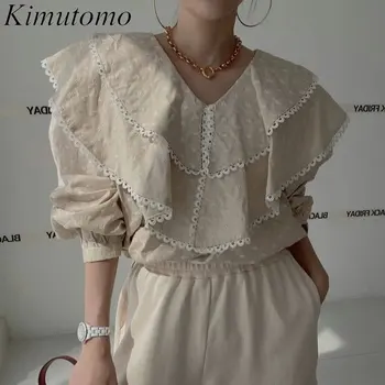 Kimutomo Милая Свободная цветочная вышивка Кружевная рубашка сращивание Женская Нежная Большая лацкан С одной грудью Длинные рукава Универсальная блузка