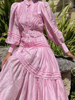 [EWQ] Женское платье, воротник-стойка из съедобных древесных грибов, пояс с длинным рукавом, Свободная талия, Элегантный Винтажный 2022 Новый Летний Розовый халат