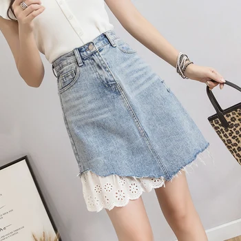 Джинсовые юбки TingYiLi, женская летняя короткая мини-юбка с высокой талией, Корейская милая джинсовая юбка с кружевом