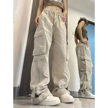 Женские брюки-карго с большими карманами Y2k, мешковатые брюки с высокой эластичной талией и завязками, Винтажные Повседневные Свободные прямые брюки с боковой молнией.
