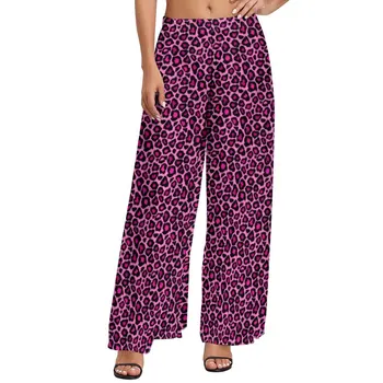 Розовые леопардовые брюки с принтом из меха животных, уличная одежда, прямые широкие брюки, эластичные сексуальные брюки с высокой талией, большой размер