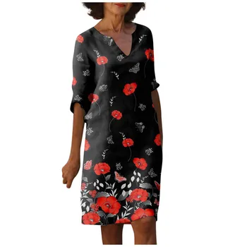 Винтажное летнее платье Миди для женщин 2023, платье с V-образным вырезом и коротким рукавом с принтом, Легкое дышащее платье, Высококачественное Элегантное платье Миди