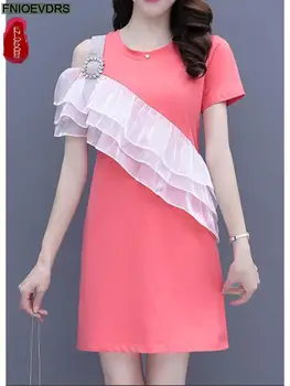 Новый французский дизайн Vestidos 2021 Летняя женская мода с коротким рукавом Милое Розовое Повседневное Платье-футболка с оборками в стиле пэчворк