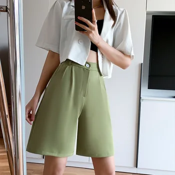 Корейская версия, модные Летние эластичные шорты, женские узкие повседневные брюки с высокой талией, 5 точек, однотонные свободные брюки