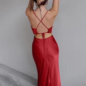 Женские красные Летние Сексуальные Элегантные платья для женщин, повседневные однотонные платья с воротником-стойкой и бретельками, длинные платья на бретельках
