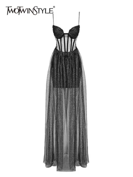 TWOTWINSTYLE, черные платья-камзолы без рукавов Для женщин, квадратный воротник, Высокая талия, Сетчатое вечернее платье из сплайсированной ткани, женское лето 2023