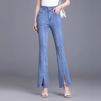 Бесплатная доставка 2022 Женские летние новые джинсы-клеши с разрезом спереди, высокие и тонкие светло-синие повседневные брюки с широкими штанинами