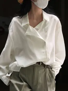 Весенне-летняя женская повседневная однотонная свободная рубашка Поло с длинным рукавом