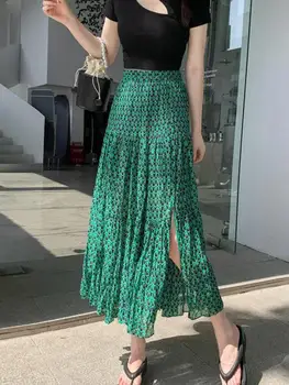 Летние Зеленые Длинные юбки с винтажным принтом для женщин, тонкая юбка миди с высокой талией, Сексуальная плиссированная юбка с разрезом, женская повседневная юбка