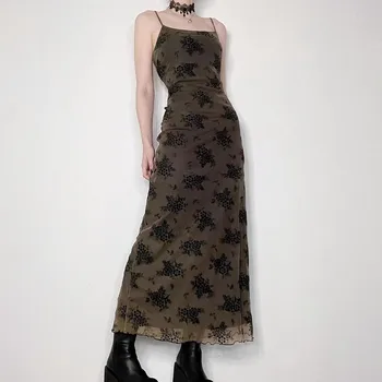 Сетчатое платье с цветочным рисунком, винтажные Макси-платья без рукавов с вырезом лодочкой для женщин 2023, Летнее модное Женское Длинное платье