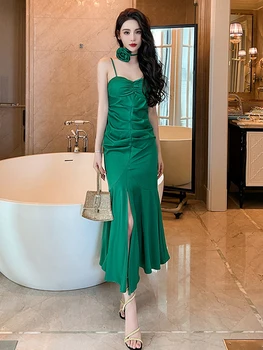 Элегантные Сексуальные французские платья Макси для женщин 2023, Зеленый атласный слинг, повязка с розами, складки, халат с разрезом и открытой спиной, вечерние платья