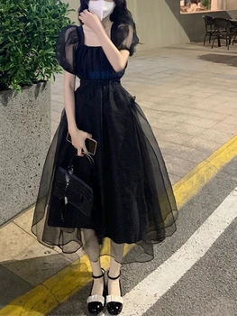 Винтажное Черное цельное платье в Корейском стиле с коротким рукавом, Элегантное пышное платье, Женская вечеринка 2022, Летнее Тонкое повседневное Сексуальное платье с открытой спиной