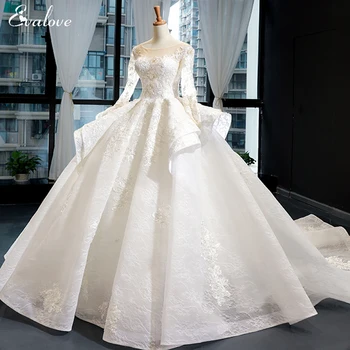 Vestido De Noiva, Роскошные аппликации из бисера, бальное платье со шлейфом, свадебное платье, Шикарное свадебное платье принцессы с круглым вырезом и длинным рукавом