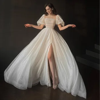 Блестящее свадебное платье Hochzeitskleid с коротким рукавом, расшитое хрустальным бисером, Элегантное свадебное платье Gelinlik на молнии сзади Vestidos De Novia