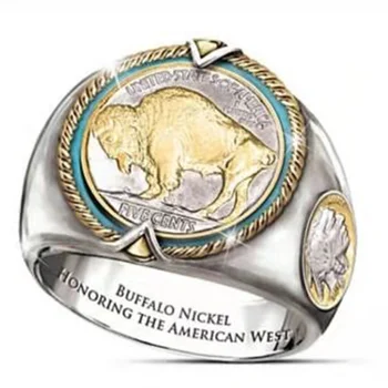 Буффало Буффало Никель Памятное Американское ковбойское кольцо в стиле Вестерн, Викинг, пират, двухцветное кольцо, мужское кольцо
