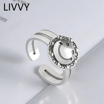 LIVVY Простые Серебряные Модные Круглые Кольца с улыбающимся Лицом Для женщин, пар, Винтажные панк-Подарки на День Рождения, Ювелирные изделия