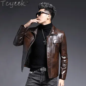 Tcyeek Повседневная кожаная куртка, мужские дубленки с лацканами, весенне-осенняя мужская одежда, модные мотоциклетные куртки из натуральной кожи