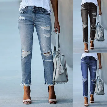 Средняя джинсовая ткань с эластичной талией для бойфренда, рваные потертые обтягивающие джинсы с прямыми дырками, уличная одежда, джинсы, женские джинсовые рваные брюки
