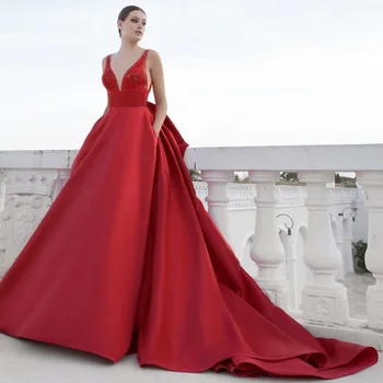 Красное бальное платье из матового атласа, свадебное платье с бантом, без спинки, блестки, топ, длинный шлейф, вечерняя одежда Невесты с цветным женским Гала-концертом