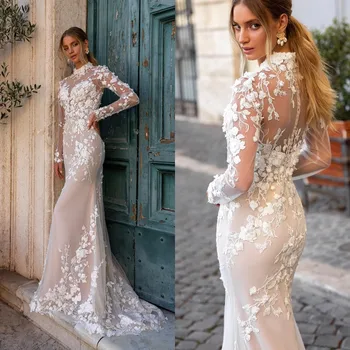 Элегантные свадебные платья Русалки С длинными рукавами, тюлевое свадебное платье длиной до пола, 3D Цветочный халат de moriee