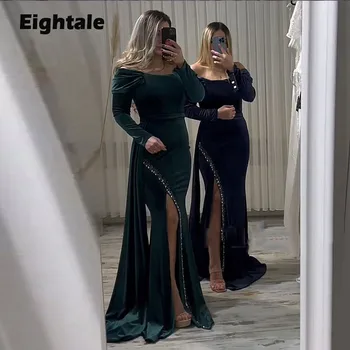 Вечернее платье Eightale для официальных мероприятий, Свадебная вечеринка, бархат с открытыми плечами, расшитый бисером, Длинные рукава, Сексуальная Русалка, арабские платья для выпускного вечера