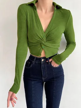 Новая женская футболка, винтажный сексуальный женский укороченный топ Y2k с V-образным вырезом, повседневная Летняя Зеленая футболка с длинным рукавом и рюшами