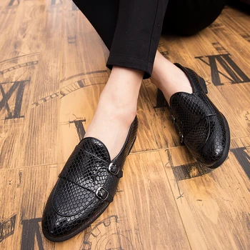 Лоферы Мужская обувь из искусственной кожи черного цвета Классическая повседневная свадебная банкетная повседневная модельная обувь с двойной пряжкой