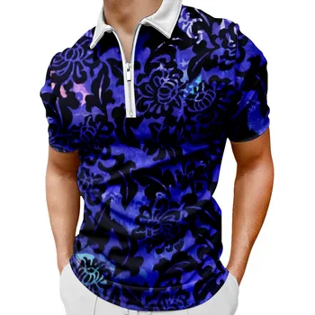 Модная рубашка поло с цветочным принтом, Летний Повседневный пуловер с коротким рукавом и воротником-молнией, мужская одежда