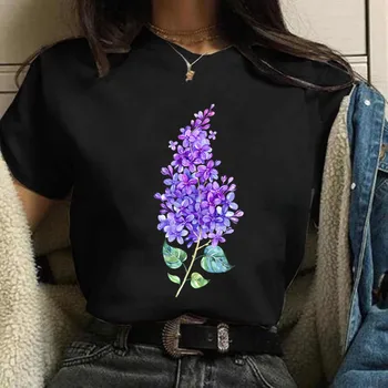 Женская футболка с 3D-принтом фиолетового цветка, свободный короткий рукав, круглый вырез, Удобная Мягкая летняя мода, Универсальная