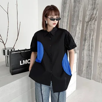 Винтажная дизайнерская рубашка нерегулярной формы для женщин, летние топы с коротким рукавом, блузка в стиле пэчворк с отложным воротником