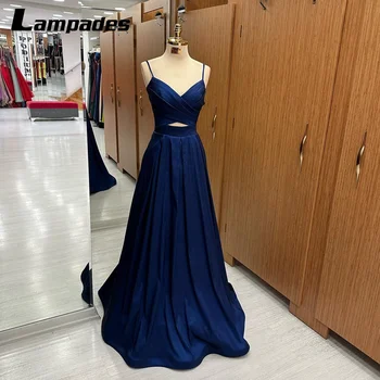 Изящное темно-синее платье для выпускного вечера трапециевидной формы с вырезом на талии и тонкими бретельками, очень элегантные вечерние платья для свадьбы