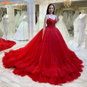 Роскошные красные свадебные платья для невесты С аппликацией из тюля, расшитого бисером, Бальное платье, свадебные платья 2020, Женское свадебное платье на заказ