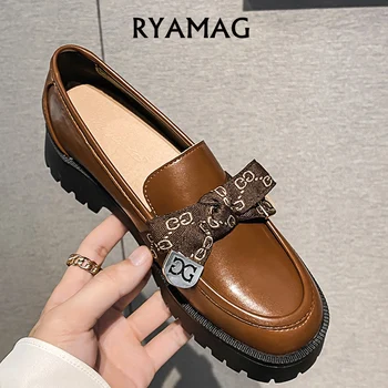 RYAMAG/ Женские лоферы; Коллекция 2022 года; Весенняя новинка; Кожаная обувь на толстой подошве; женские тонкие туфли в стиле ретро с бантом; Женская обувь Большого размера 41-43