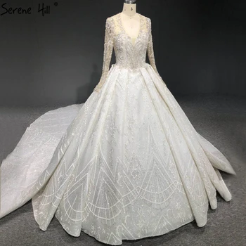 Свадебное платье Serene Hill класса люкс цвета слоновой кости с V-образным вырезом 2023 Дубай, длинные рукава, расшитое бисером и бриллиантами, высококачественное свадебное платье, реальные фотографии CHA2448