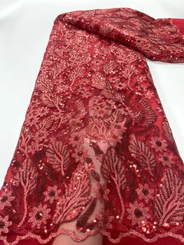 Красные Африканские блестки Чистая кружевная ткань 5 ярдов высококачественной вышивки Нигерийский Французский тюль Сетка кружевной материал для женской вечеринки