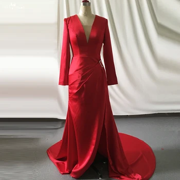 Сексуальное элегантное красное вечернее платье Robe De Soirée с V-образным вырезом и длинными рукавами с высоким разрезом, Сшитое на заказ Вечернее платье для вечеринок, Атласные платья для выпускного вечера