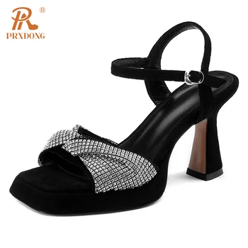 PRXDONG/ Новые летние модные женские босоножки из натуральной кожи на высоком каблуке и платформе, черное платье со стразами, вечерние повседневные женские туфли-лодочки