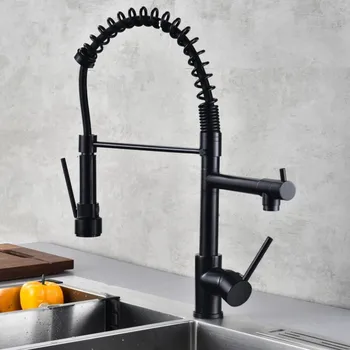 Черный Пружинный кухонный кран с двумя носиками, вращение на 360 градусов, Кухонный смеситель с одной ручкой, Два выхода, Кухонные краны для мытья посуды