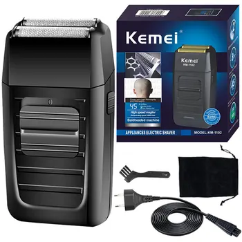 Kemei 1102 Мощная перезаряжаемая электробритва для волос, бороды, щетины, электрическая бритва для лица для мужчин, станок для бритья налысо