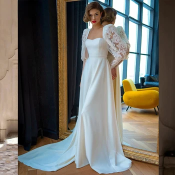 2023 Белые свадебные платья, атласные свадебные платья, элегантная кружевная аппликация, пышные длинные рукава, платье для новобрачных в стиле бохо на пляже, vestido de novia