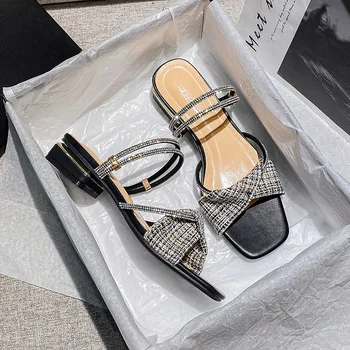 Сандалии Женские Летние Брендовые босоножки на низком каблуке 2023, женские модные элегантные офисные тапочки на высоком каблуке, женская обувь большого размера