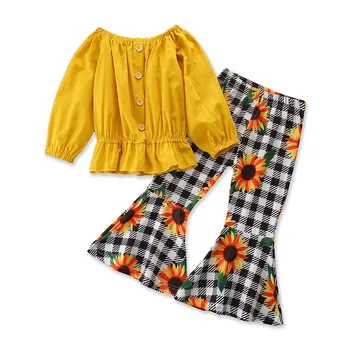 Комплект для девочек 1-6 лет, однотонный желтый топ с открытыми плечами + брюки с принтом подсолнуха, весенне-осенняя одежда для девочек